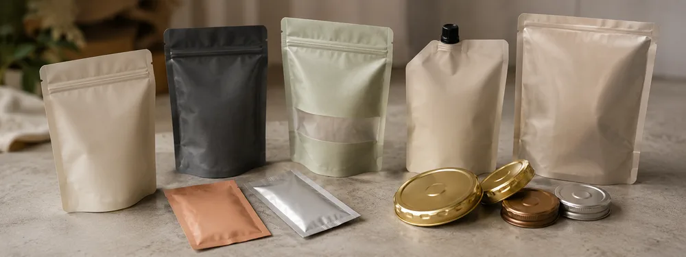 Flexible pouches and twist-off food-jar closures arranged on a concrete surface
